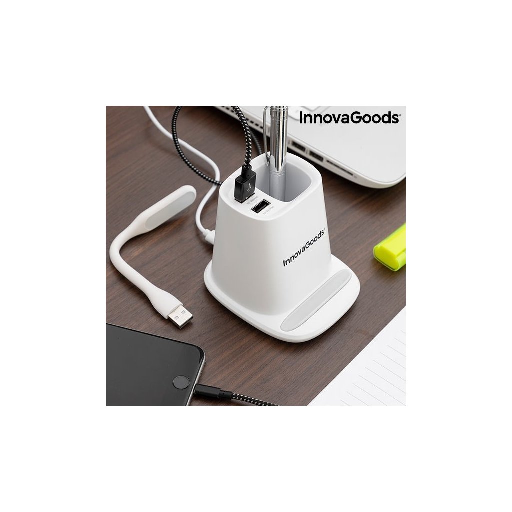 Chargeur Sans Fil avec Support- Organisateur et Lampe LED USB 5 en 1  DesKing InnovaGoods