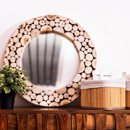 Zrcadlo s rámem z teakového dřeva průměr 50cm