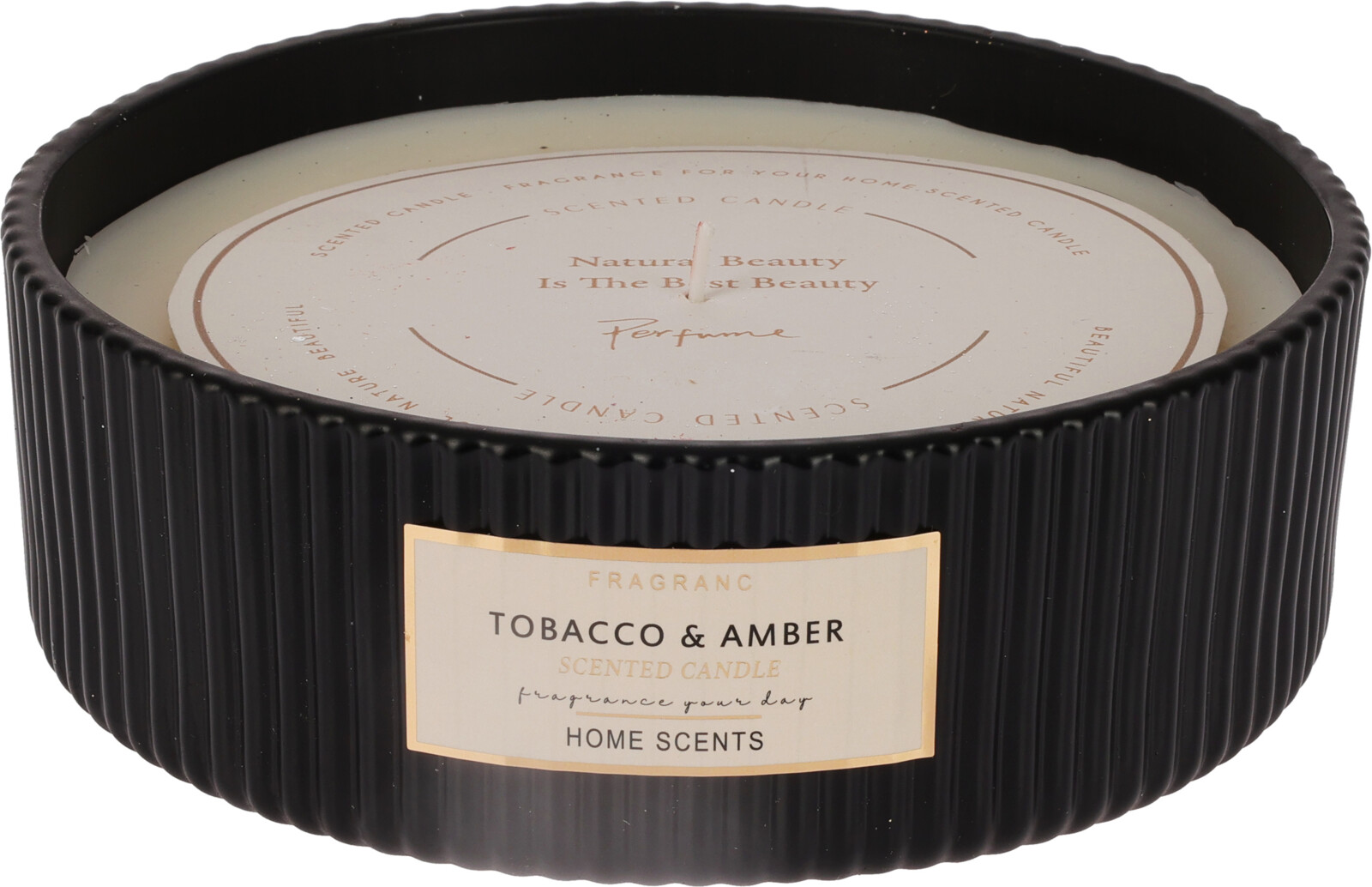Velká svíčka v černém skle 580 g, vůně tabáku a sladkého dřeva, průměr 17,8 cm