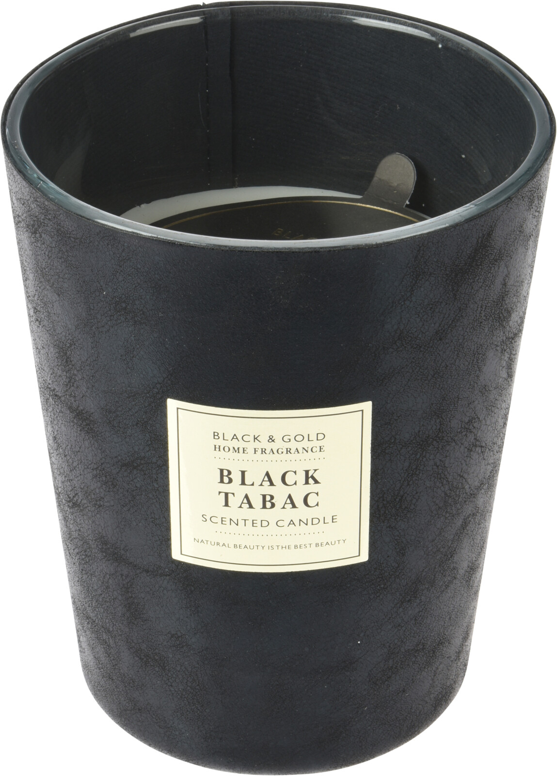 Velká vonná svíčka s imitací kůže 385 g, vůně černý tabák, 14 cm